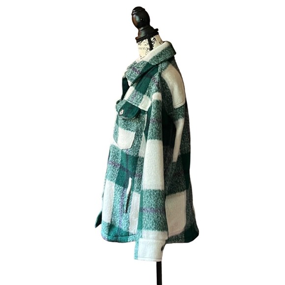 Avec Les Filles sz M green white plaid button up long sleeve Shacket Shirt - Picture 4 of 10